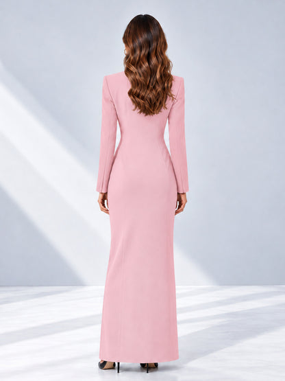 Pink Tailored Fit Double Breasted Peak Lapel Floor-Length Women's Blazer