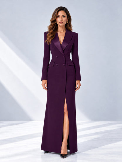 Plum Tailored Fit Double Breasted Peak Lapel Floor-Length Women's Blazer