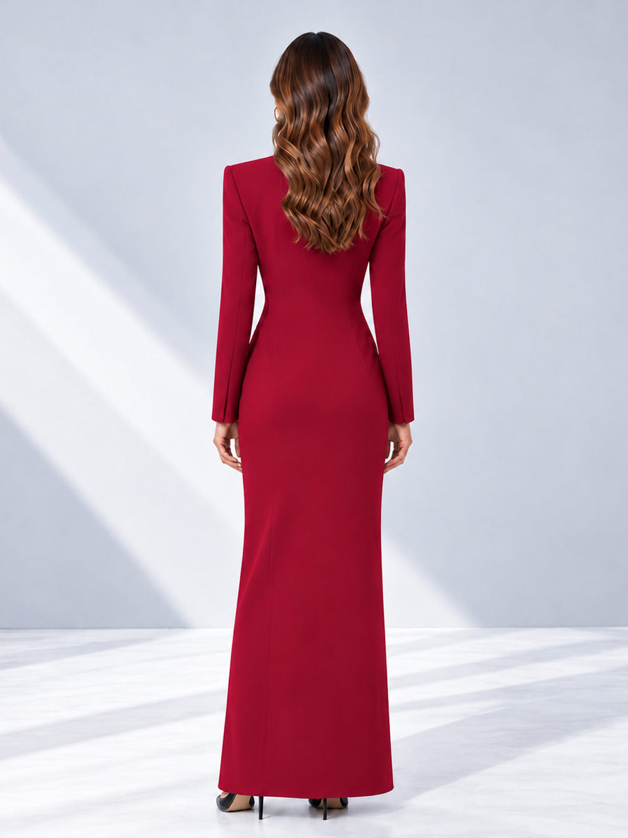 Red Tailored Fit Double Breasted Peak Lapel Floor-Length Women's Blazer