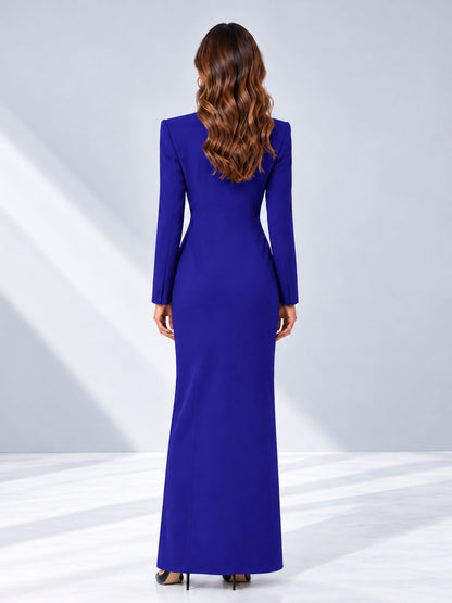 Royal Blue Tailored Fit Double Breasted Peak Lapel Floor-Length Women's Blazer