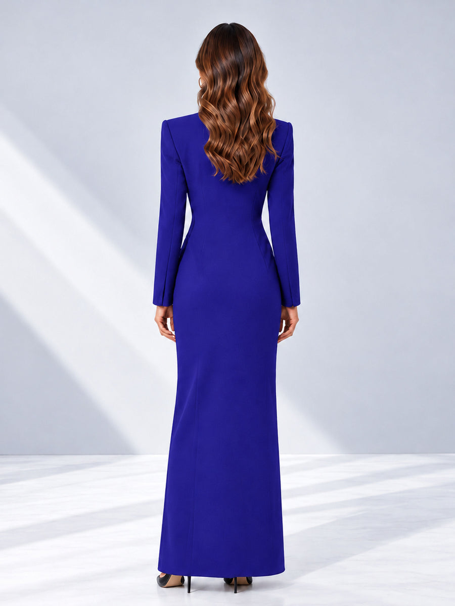 Royal Blue Tailored Fit Double Breasted Peak Lapel Floor-Length Women's Blazer