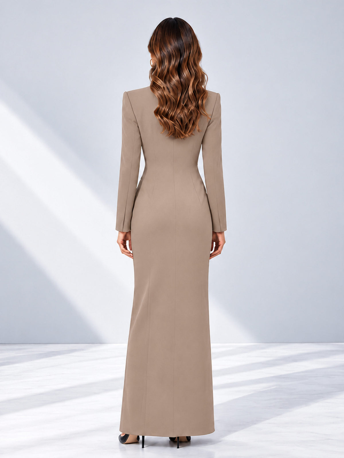 Taupe Tailored Fit Double Breasted Peak Lapel Floor-Length Women's Blazer