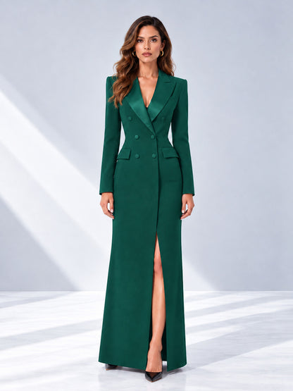 Teal Tailored Fit Double Breasted Peak Lapel Floor-Length Women's Blazer