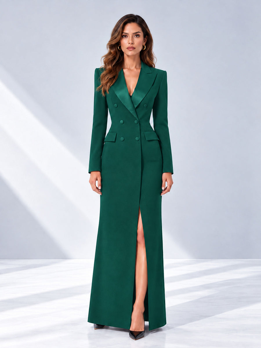 Teal Tailored Fit Double Breasted Peak Lapel Floor-Length Women's Blazer