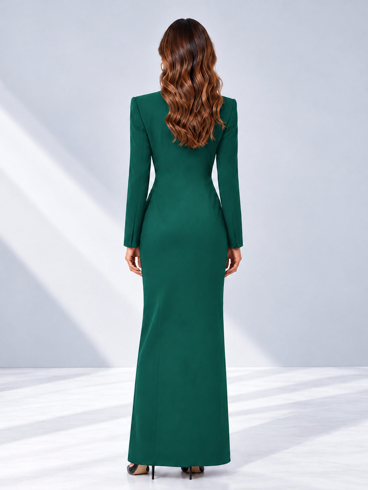 Teal Tailored Fit Double Breasted Peak Lapel Floor-Length Women's Blazer