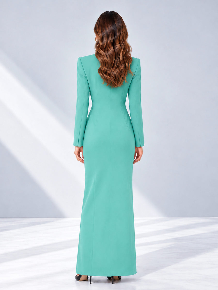 Turquoise Tailored Fit Double Breasted Peak Lapel Floor-Length Women's Blazer