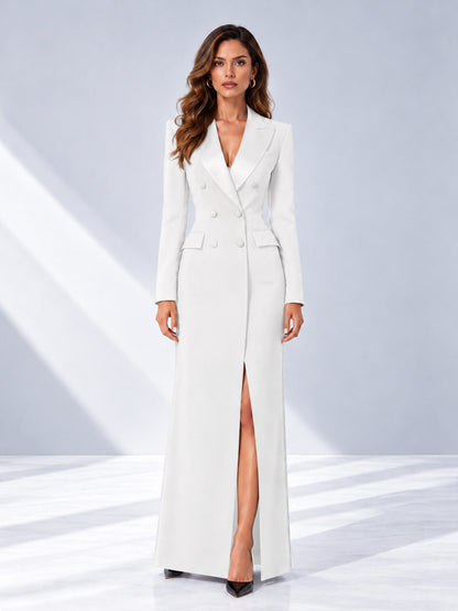 White Tailored Fit Double Breasted Peak Lapel Floor-Length Women's Blazer