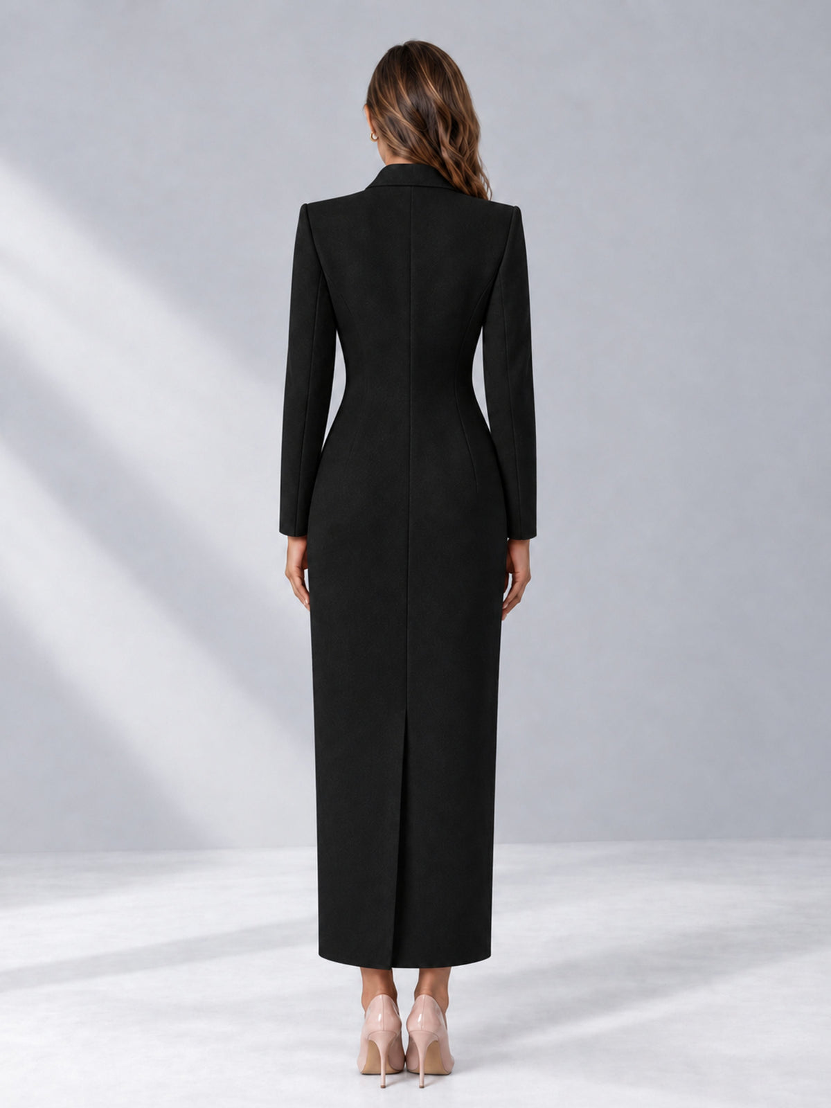 Black Tailored Fit Notch Lapel Double Breasted Long Women's Blazer