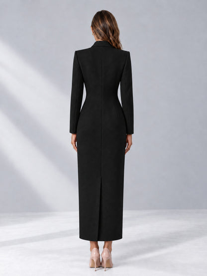 Black Tailored Fit Notch Lapel Double Breasted Long Women's Blazer