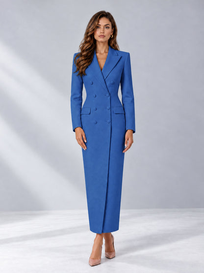 Blue Tailored Fit Notch Lapel Double Breasted Long Women's Blazer