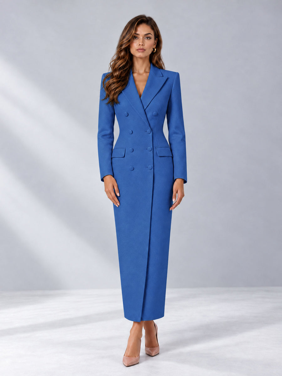 Blue Tailored Fit Notch Lapel Double Breasted Long Women's Blazer
