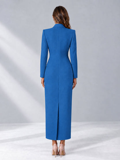 Blue Tailored Fit Notch Lapel Double Breasted Long Women's Blazer
