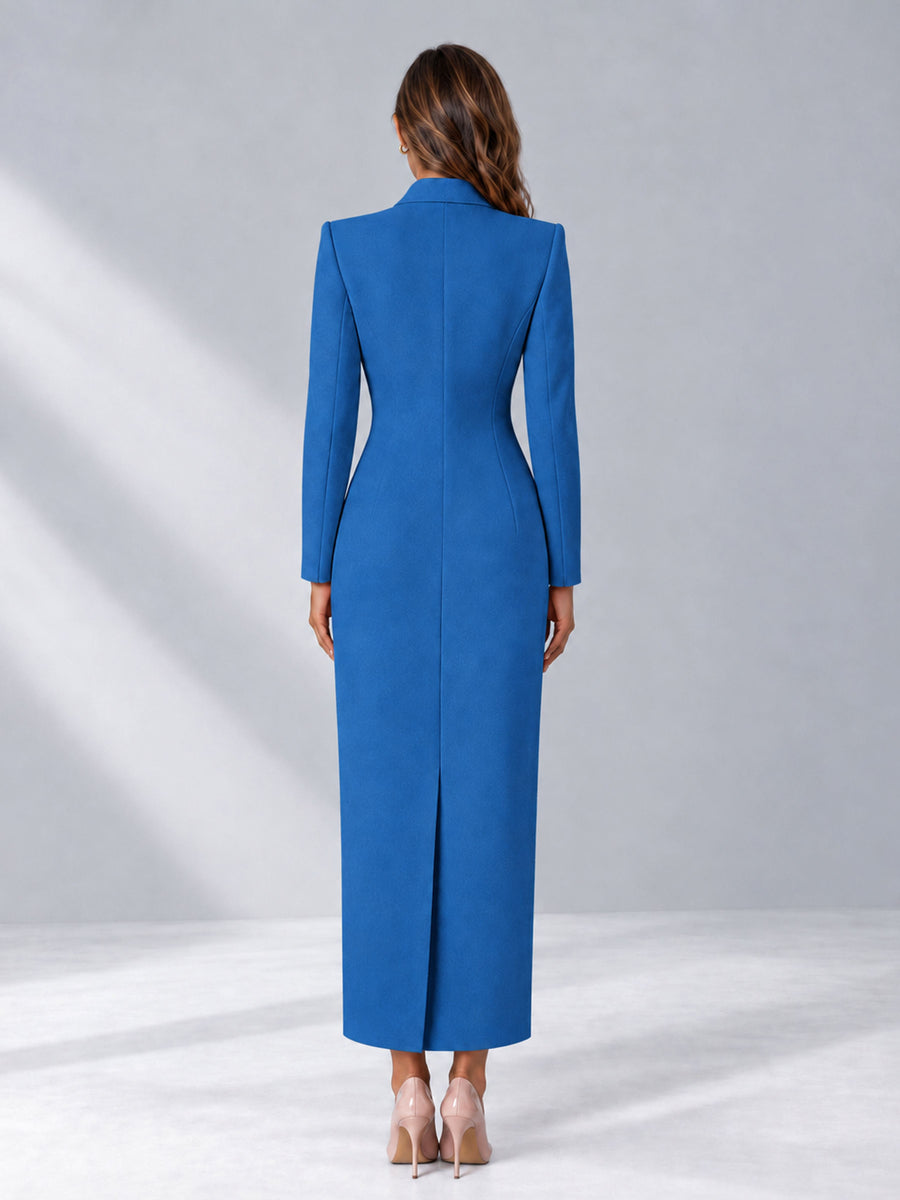 Blue Tailored Fit Notch Lapel Double Breasted Long Women's Blazer