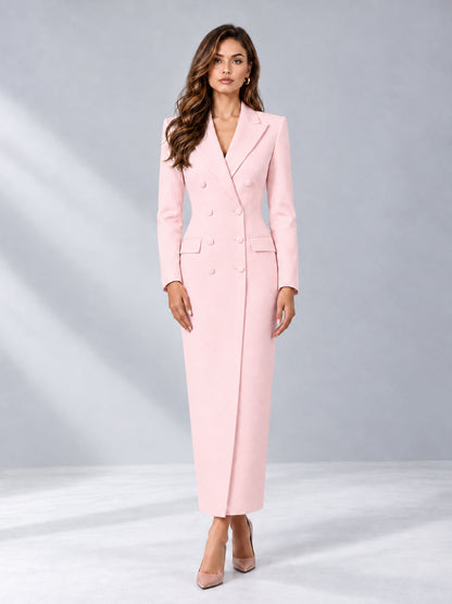Blush Pink Tailored Fit Notch Lapel Double Breasted Long Women's Blazer