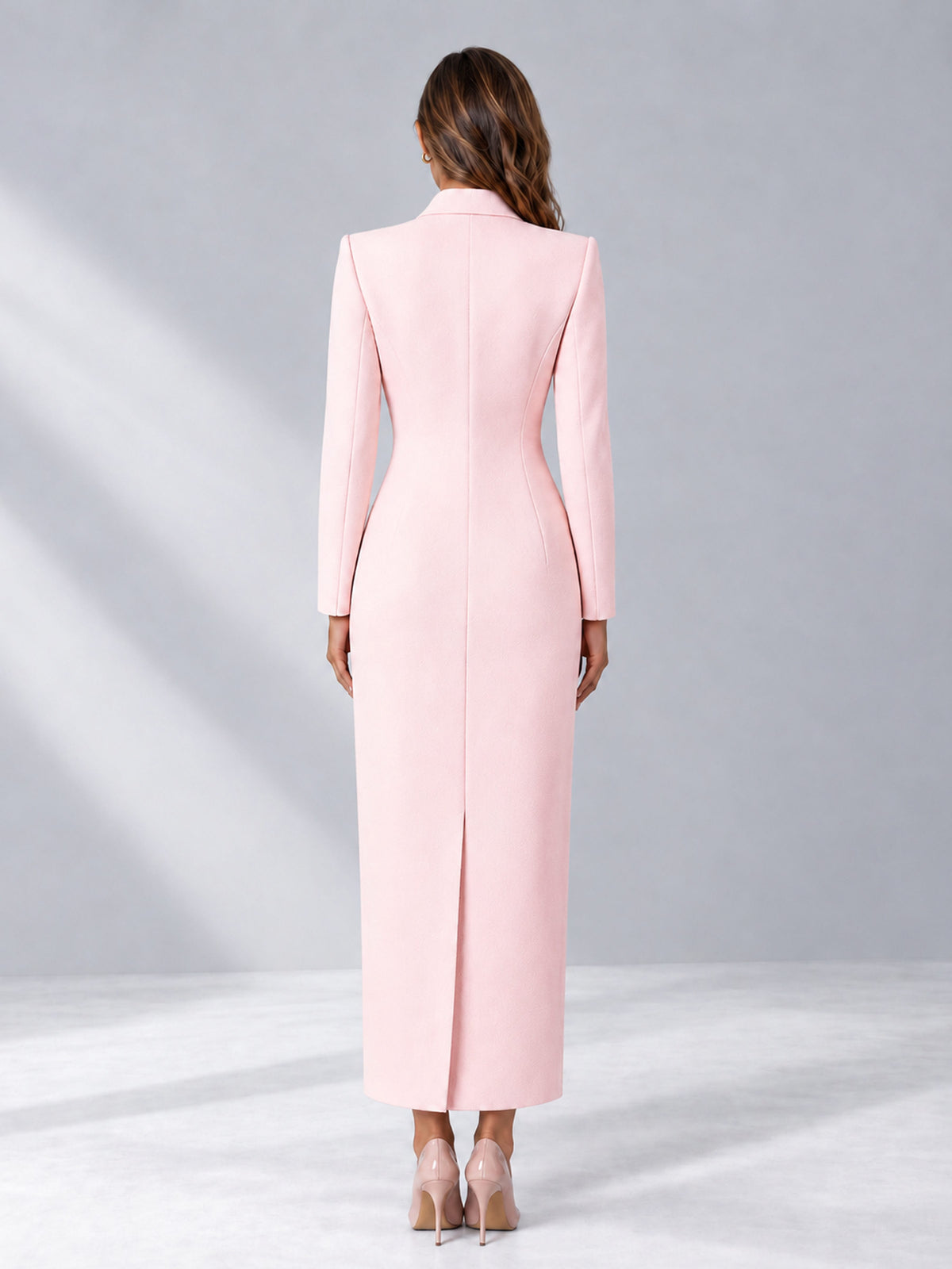 Blush Pink Tailored Fit Notch Lapel Double Breasted Long Women's Blazer