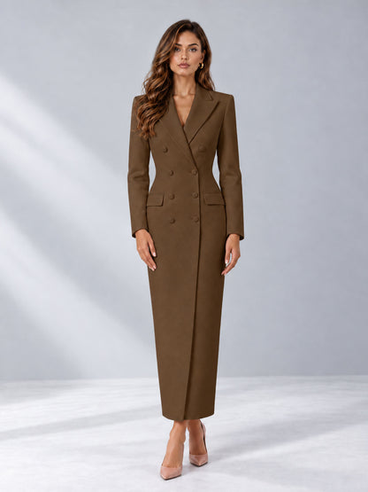 Brown Tailored Fit Notch Lapel Double Breasted Long Women's Blazer
