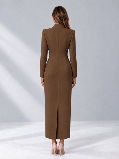 Brown Tailored Fit Notch Lapel Double Breasted Long Women's Blazer