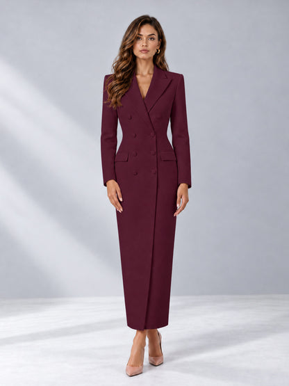Burgundy Tailored Fit Notch Lapel Double Breasted Long Women's Blazer