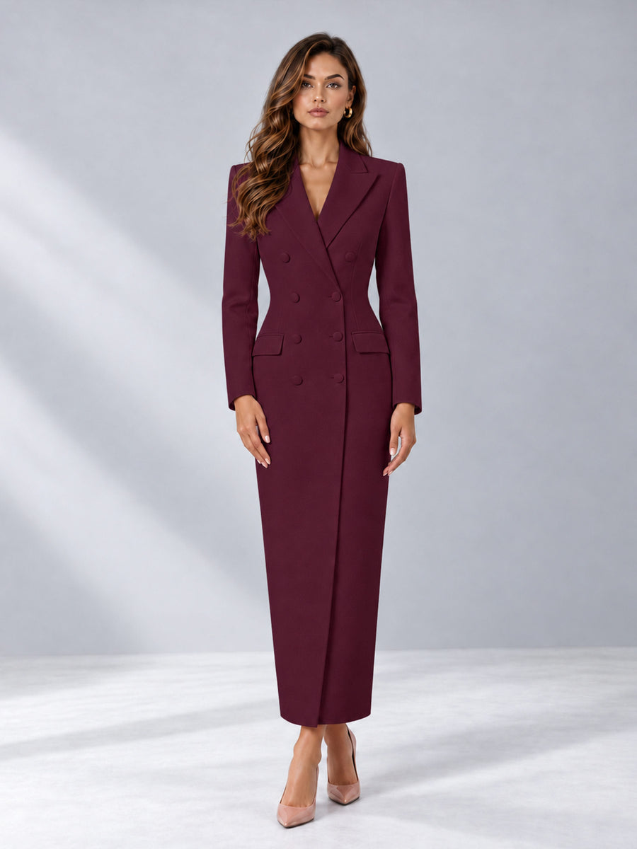 Burgundy Tailored Fit Notch Lapel Double Breasted Long Women's Blazer