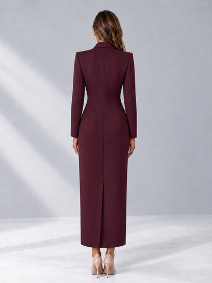 Burgundy Tailored Fit Notch Lapel Double Breasted Long Women's Blazer