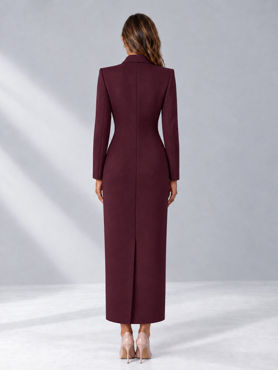 Burgundy Tailored Fit Notch Lapel Double Breasted Long Women's Blazer