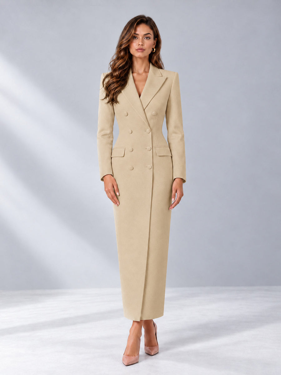 Champagne Tailored Fit Notch Lapel Double Breasted Long Women's Blazer