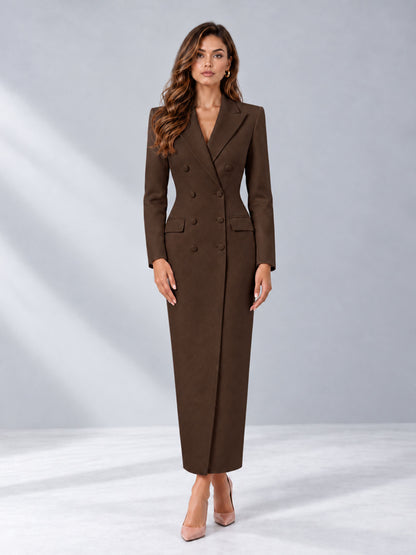 Chocolate Tailored Fit Notch Lapel Double Breasted Long Women's Blazer