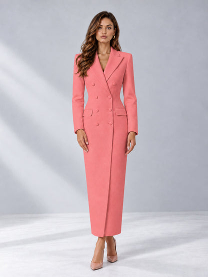 Coral Tailored Fit Notch Lapel Double Breasted Long Women's Blazer