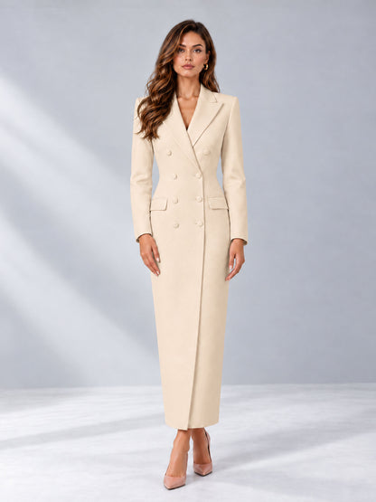 Cream Tailored Fit Notch Lapel Double Breasted Long Women's Blazer