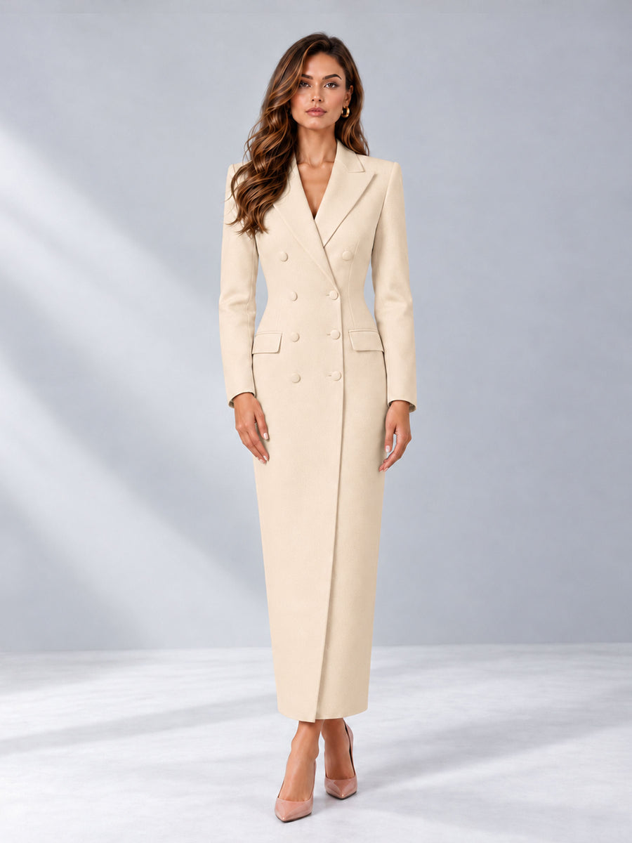 Cream Tailored Fit Notch Lapel Double Breasted Long Women's Blazer