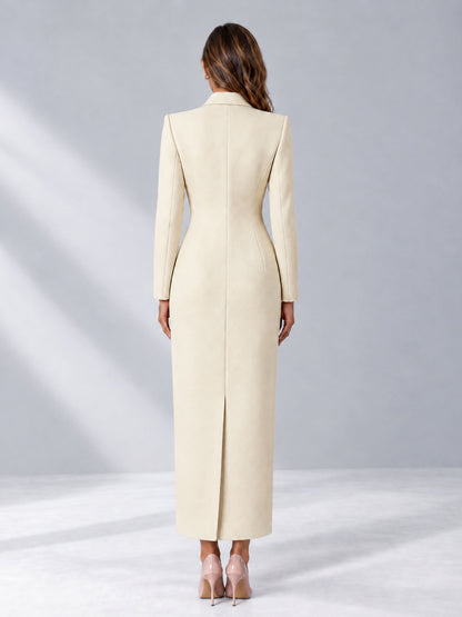 Cream Tailored Fit Notch Lapel Double Breasted Long Women's Blazer