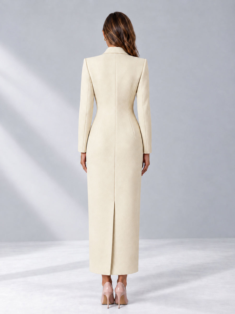 Cream Tailored Fit Notch Lapel Double Breasted Long Women's Blazer