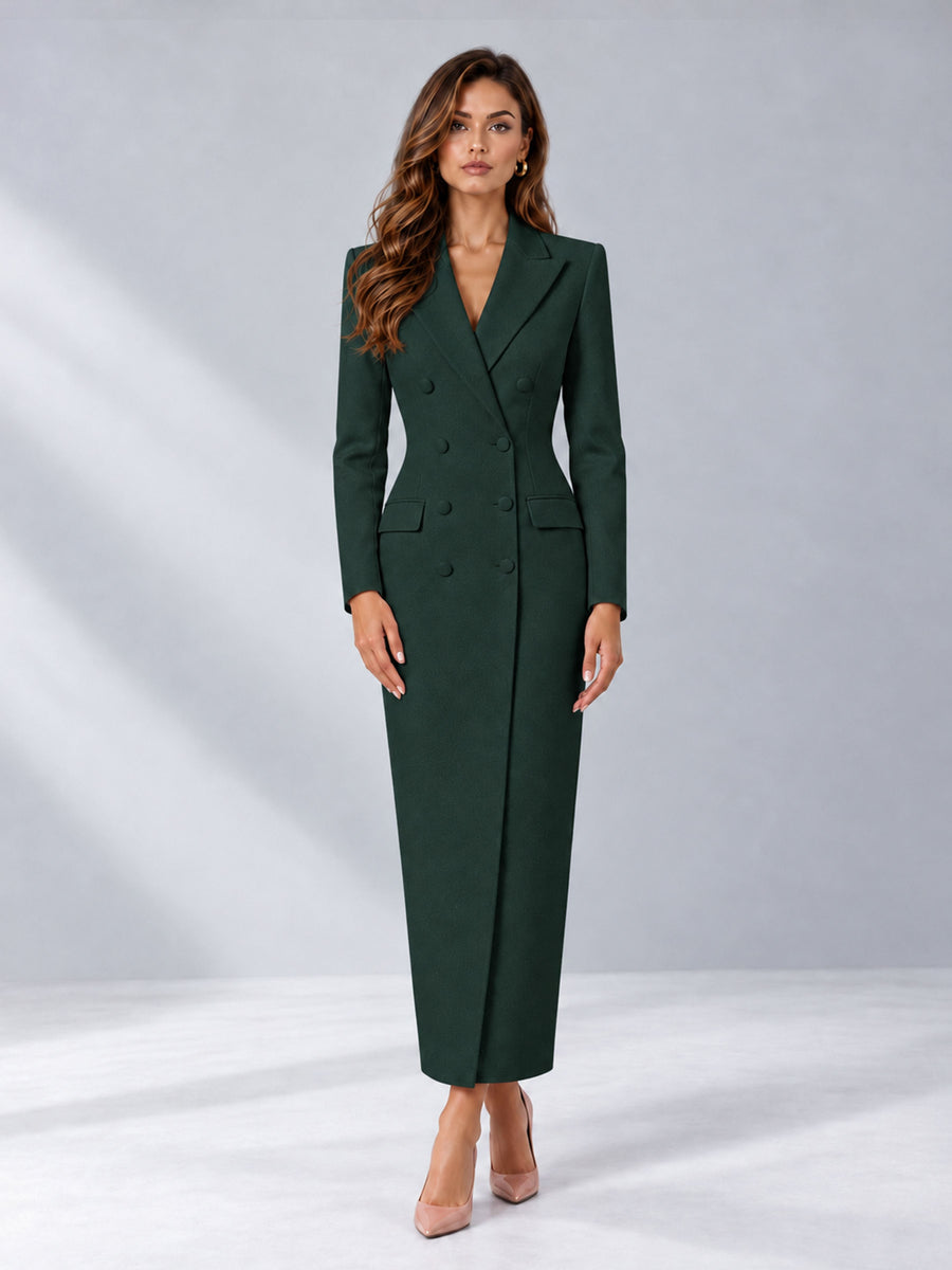 Dark Green Tailored Fit Notch Lapel Double Breasted Long Women's Blazer