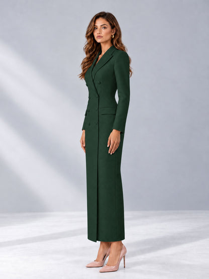Dark Green Tailored Fit Notch Lapel Double Breasted Long Women's Blazer