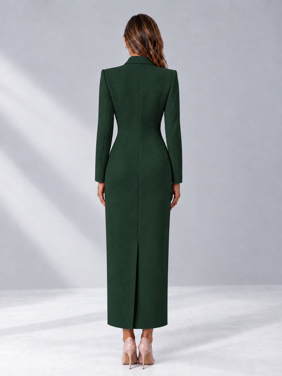 Dark Green Tailored Fit Notch Lapel Double Breasted Long Women's Blazer