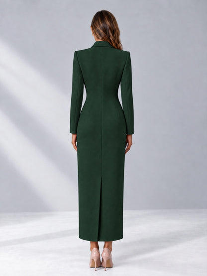 Dark Green Tailored Fit Notch Lapel Double Breasted Long Women's Blazer
