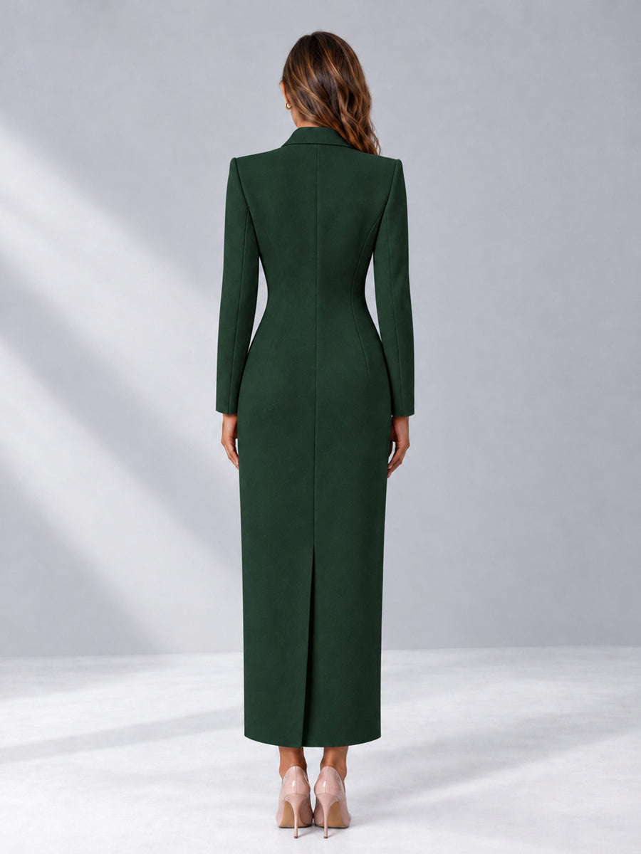 Dark Green Tailored Fit Notch Lapel Double Breasted Long Women's Blazer