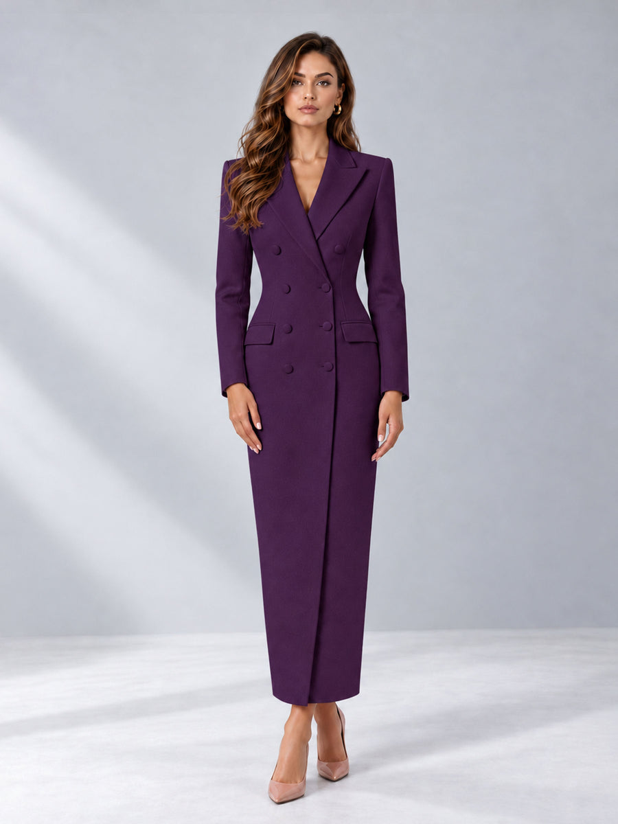 Dark Purple Tailored Fit Notch Lapel Double Breasted Long Women's Blazer