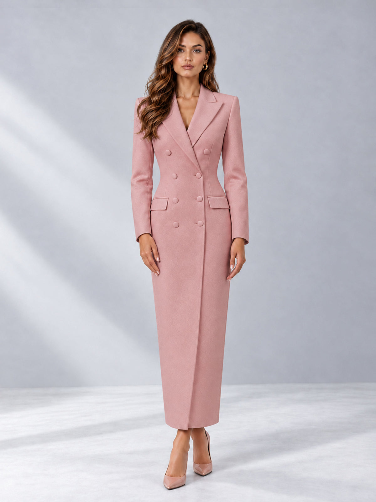 Dusty Rose Tailored Fit Notch Lapel Double Breasted Long Women's Blazer