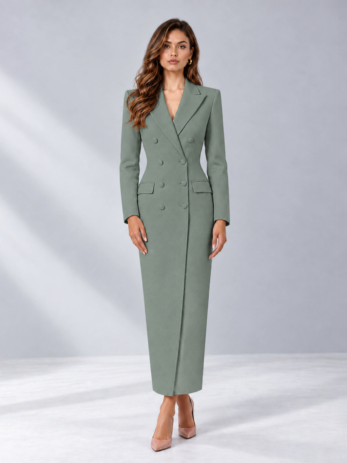 Eucalyptus Tailored Fit Notch Lapel Double Breasted Long Women's Blazer