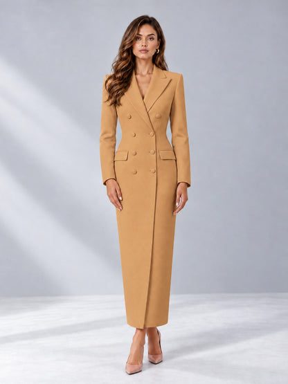 Gold Tailored Fit Notch Lapel Double Breasted Long Women's Blazer