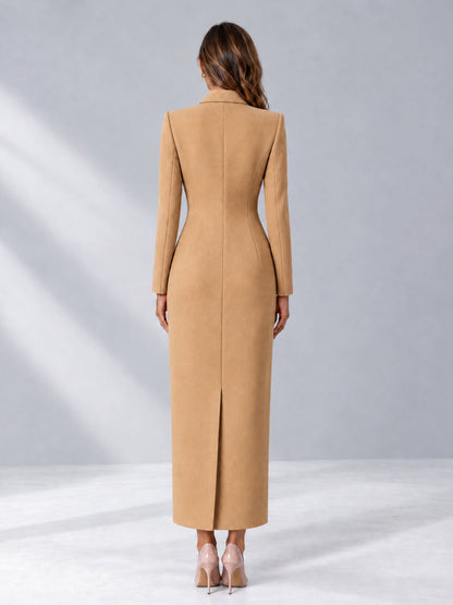 Gold Tailored Fit Notch Lapel Double Breasted Long Women's Blazer