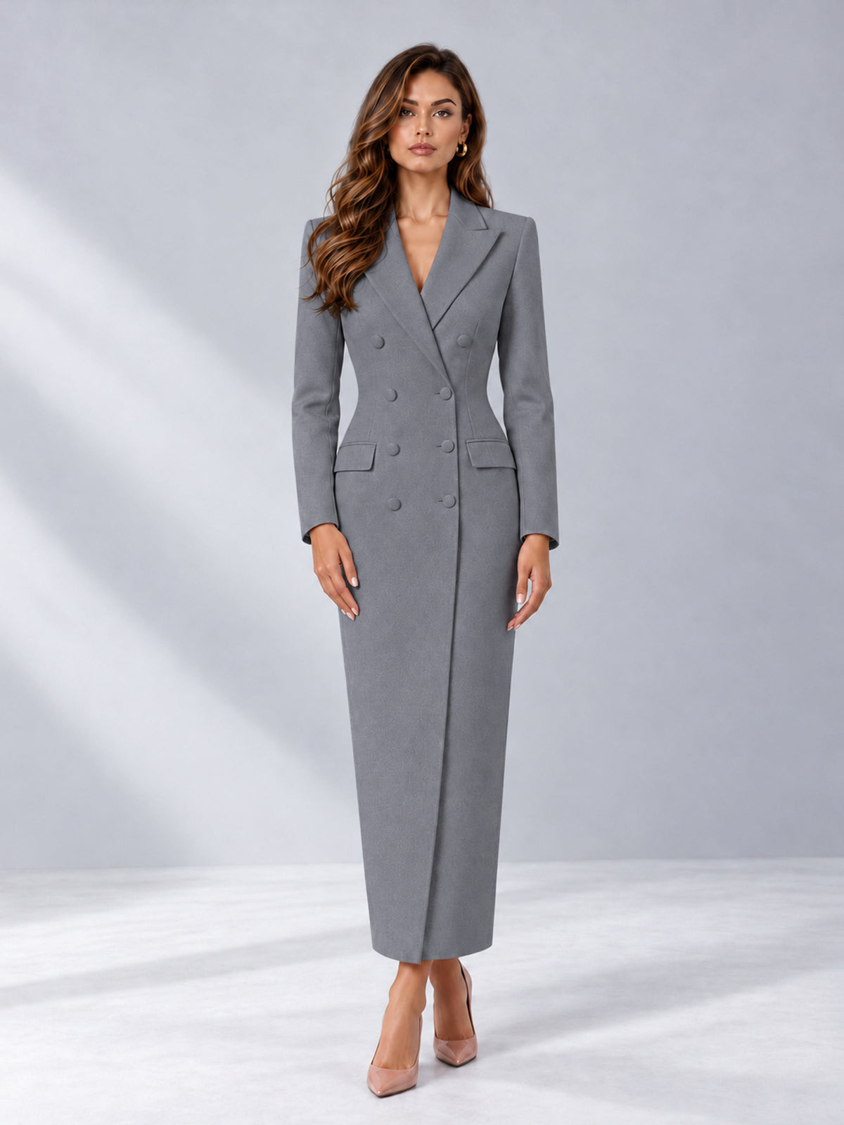Gray Tailored Fit Notch Lapel Double Breasted Long Women's Blazer