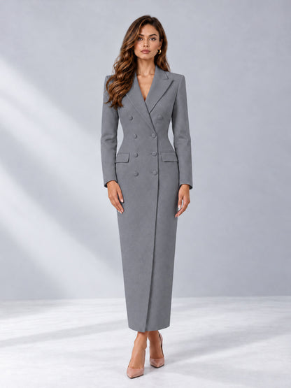 Gray Tailored Fit Notch Lapel Double Breasted Long Women's Blazer