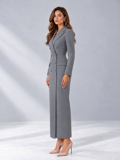 Gray Tailored Fit Notch Lapel Double Breasted Long Women's Blazer