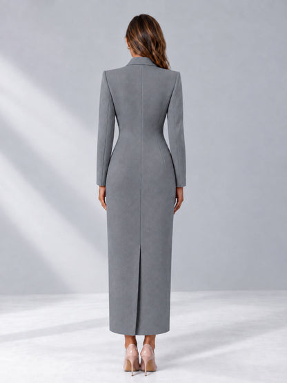 Gray Tailored Fit Notch Lapel Double Breasted Long Women's Blazer