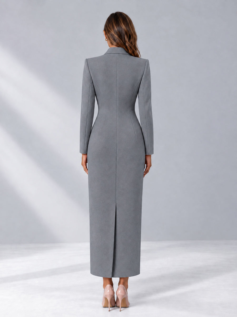 Gray Tailored Fit Notch Lapel Double Breasted Long Women's Blazer