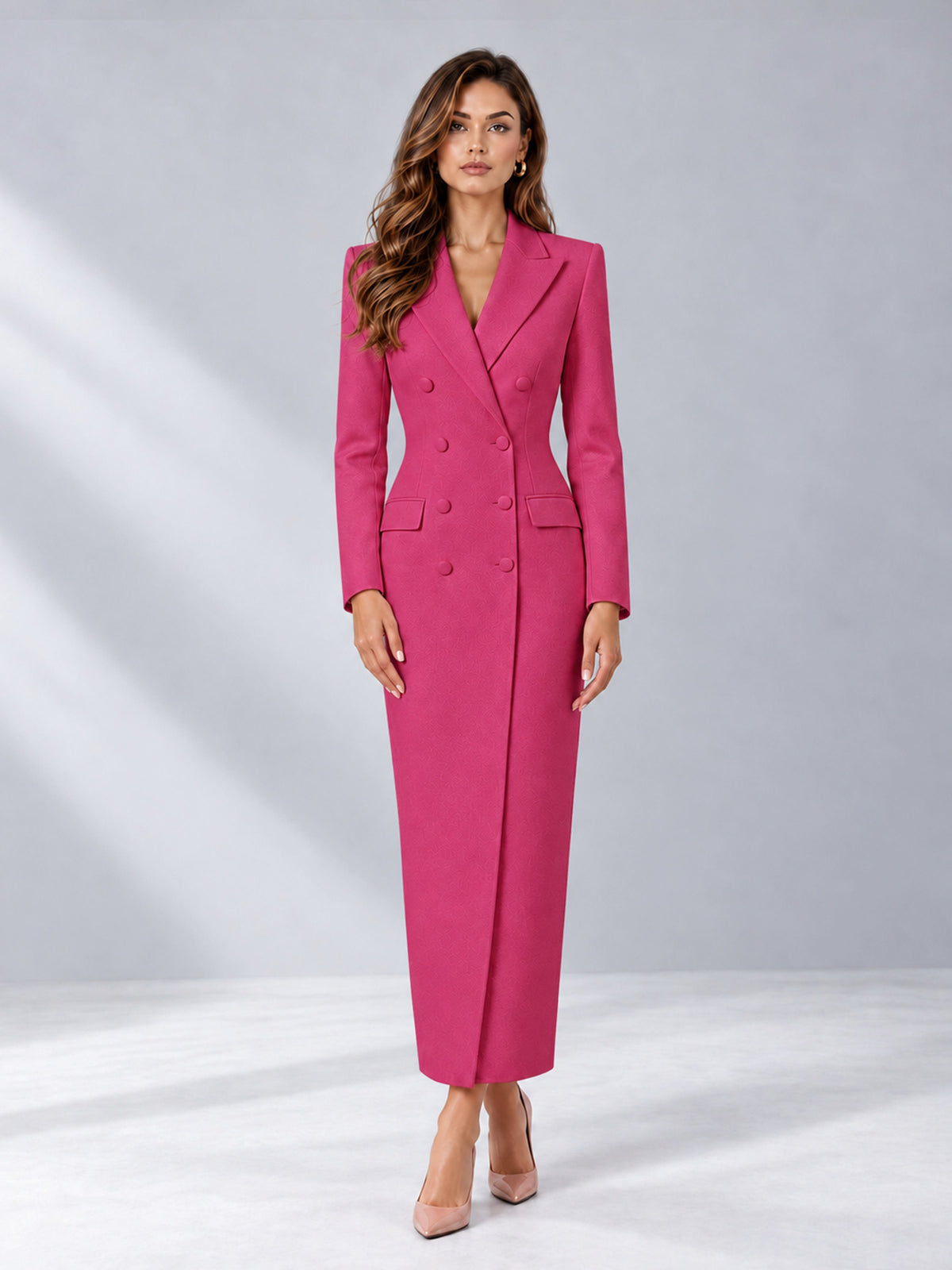 Hot Pink Tailored Fit Notch Lapel Double Breasted Long Women's Blazer