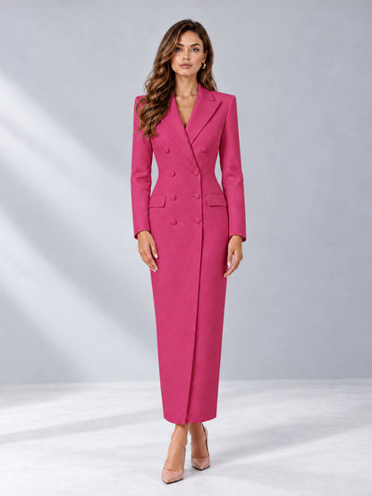 Hot Pink Tailored Fit Notch Lapel Double Breasted Long Women's Blazer