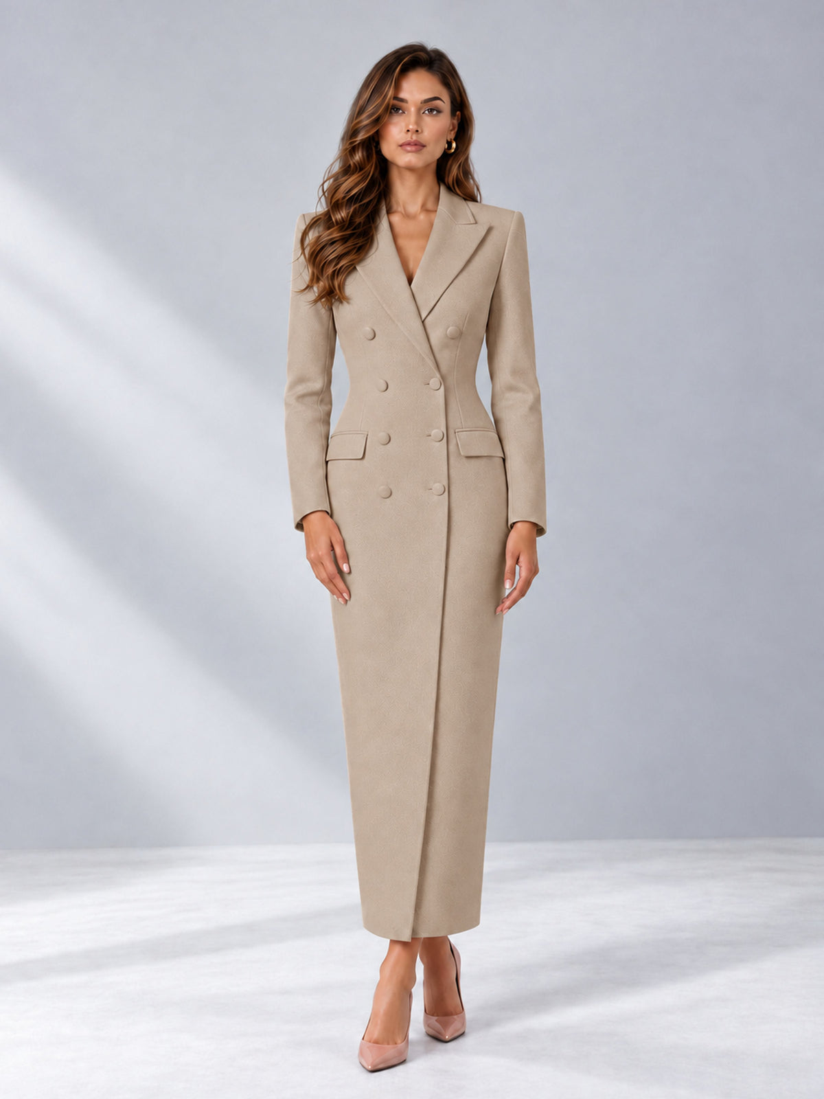 Khaki Tailored Fit Notch Lapel Double Breasted Long Women's Blazer